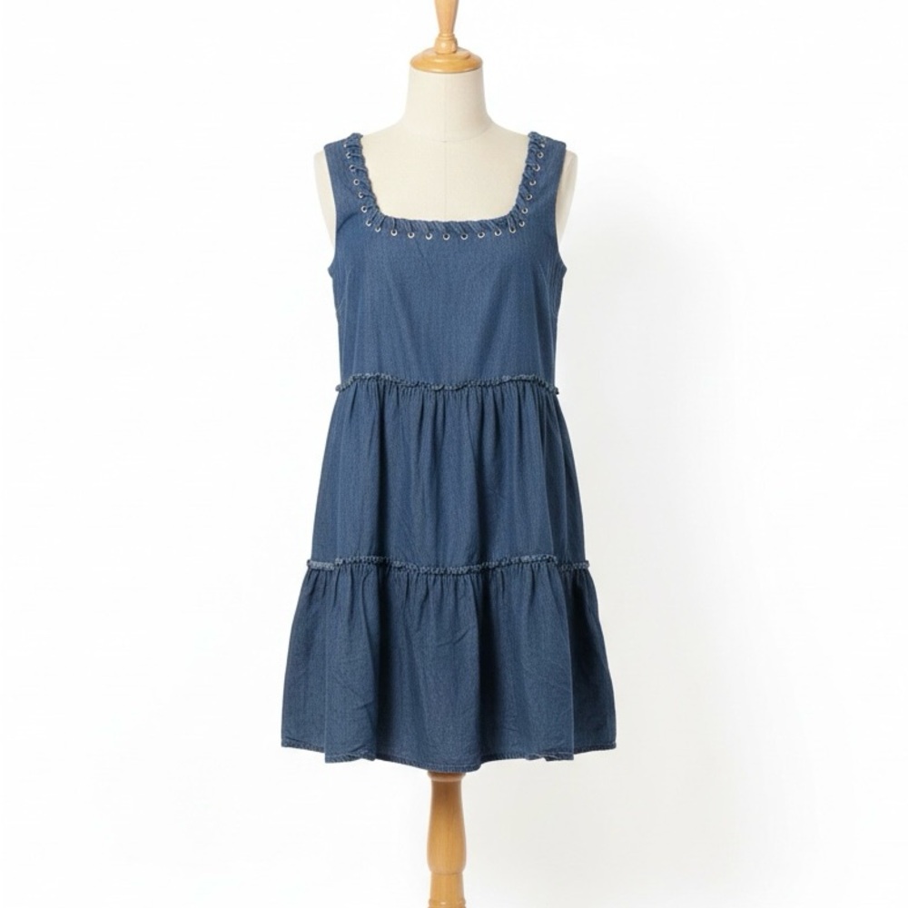 Forever 21 Women's Large Denim Mini Dress Tiered Ruffle Skirt Y2K